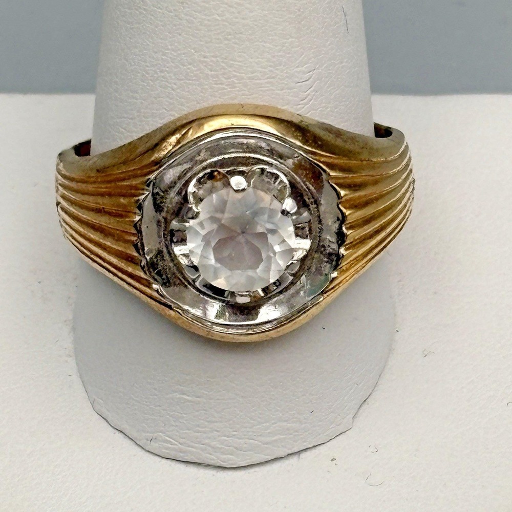 Vintage Mens 10k Gold Filled Ring Clear Stone 12.75 MCM Bold Statement 7.95g